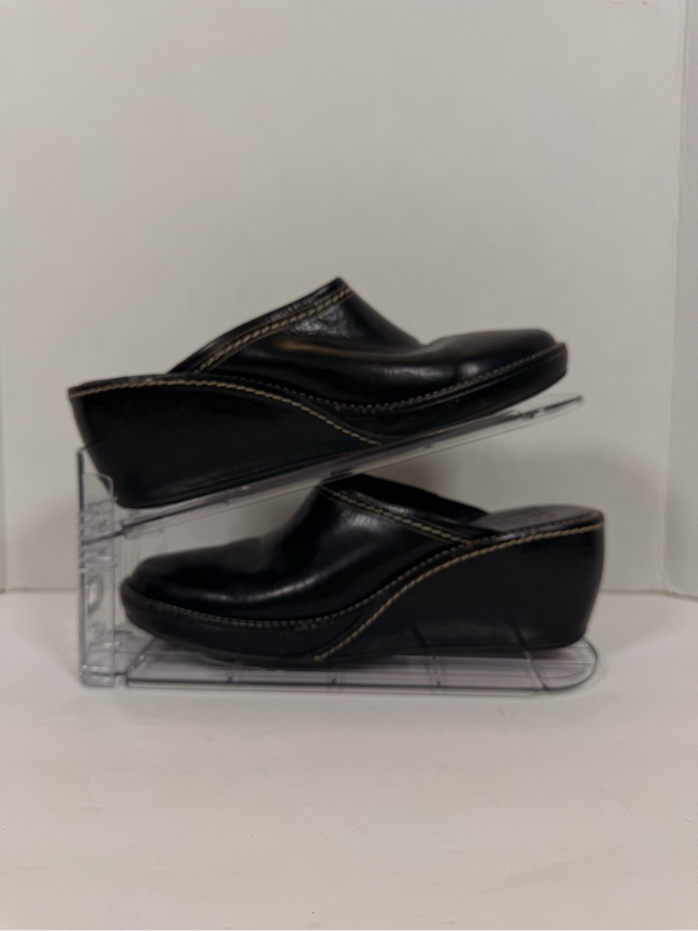 Cole Haan Black Leather Wedge Mules with Contrast Stitching